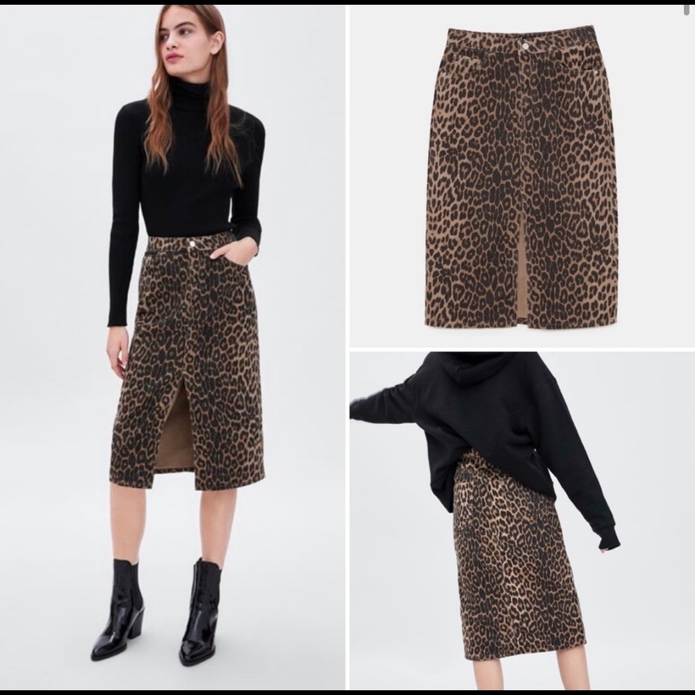 Zara Basic Denim Skirt Leopard Print